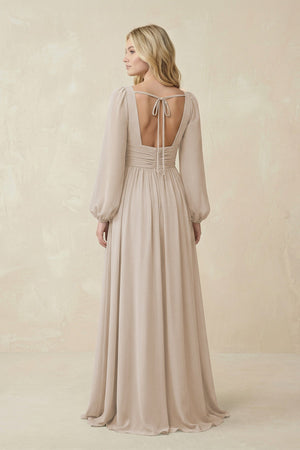 V-Neck Long Sleeve A-Line Chiffon Bridesmaid Dress in Frost - SHE IS ME BRIDESMAID DRESSES