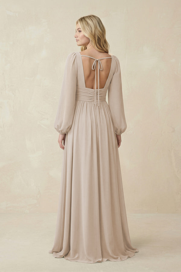 V-Neck Long Sleeve A-Line Chiffon Bridesmaid Dress in Frost - SHE IS ME BRIDESMAID DRESSES