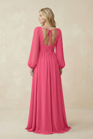 V-Neck Long Sleeve A-Line Chiffon Bridesmaid Dress in Fuchsia - SHE IS ME BRIDESMAID DRESSES