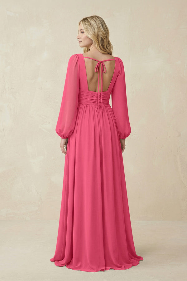 V-Neck Long Sleeve A-Line Chiffon Bridesmaid Dress in Fuchsia - SHE IS ME BRIDESMAID DRESSES