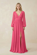 V-Neck Long Sleeve A-Line Chiffon Bridesmaid Dress in Fuchsia - SHE IS ME BRIDESMAID DRESSES
