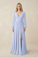 V-Neck Long Sleeve A-Line Chiffon Bridesmaid Dress in Ice - SHE IS ME BRIDESMAID DRESSES
