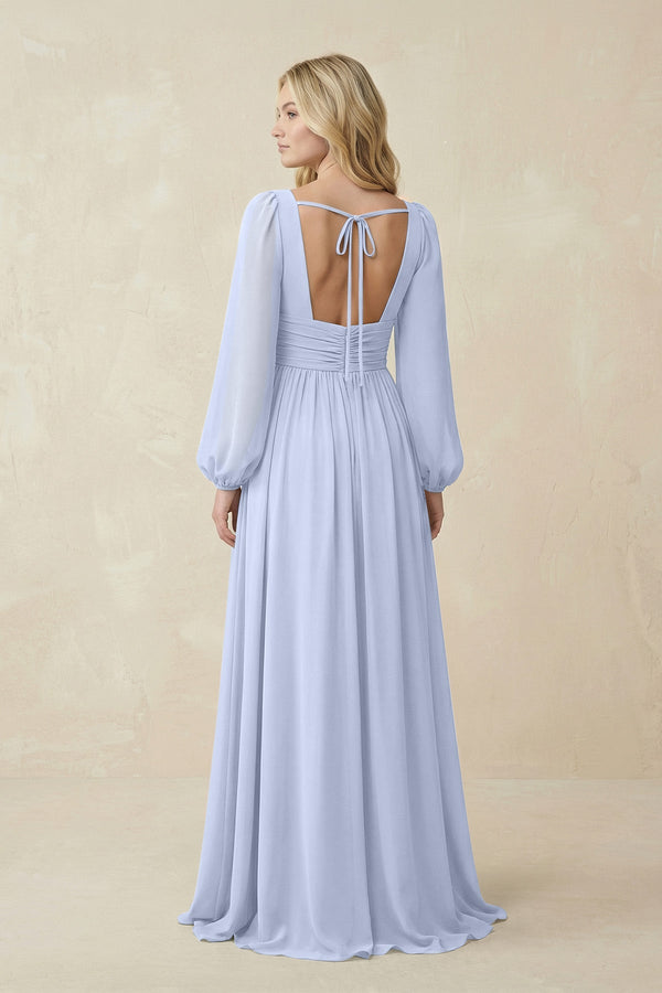 V-Neck Long Sleeve A-Line Chiffon Bridesmaid Dress in Ice - SHE IS ME BRIDESMAID DRESSES