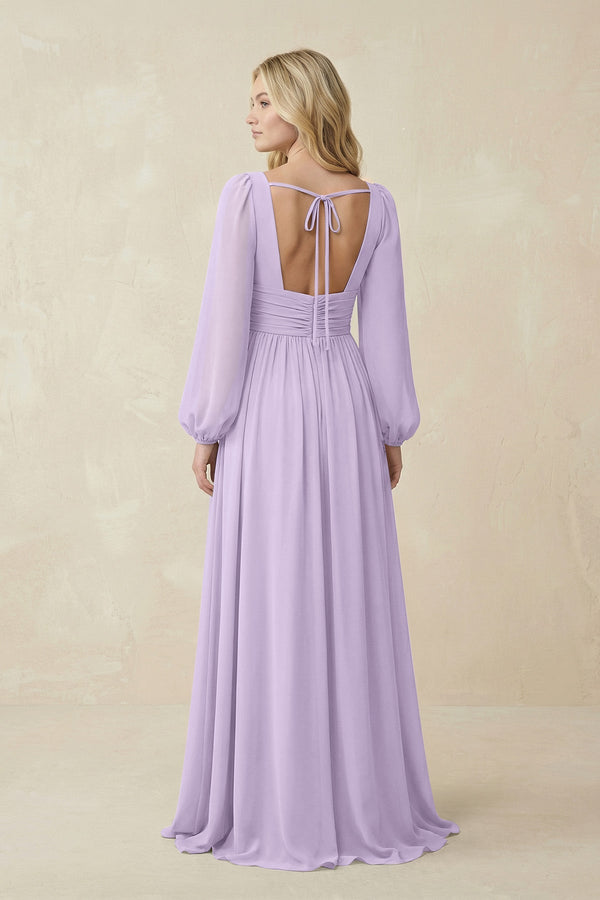 V-Neck Long Sleeve A-Line Chiffon Bridesmaid Dress in Lavender - SHE IS ME BRIDESMAID DRESSES