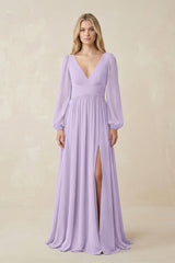 V-Neck Long Sleeve A-Line Chiffon Bridesmaid Dress in Lavender - KISS BRIDAL BRIDESMAID DRESSES