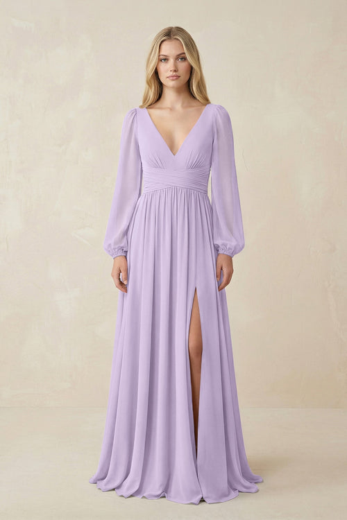 V-Neck Long Sleeve A-Line Chiffon Bridesmaid Dress in Lavender - SHE IS ME BRIDESMAID DRESSES
