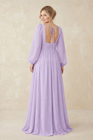 V-Neck Long Sleeve A-Line Chiffon Bridesmaid Dress in Lavender [sizeplus] | KISSBRIDAL