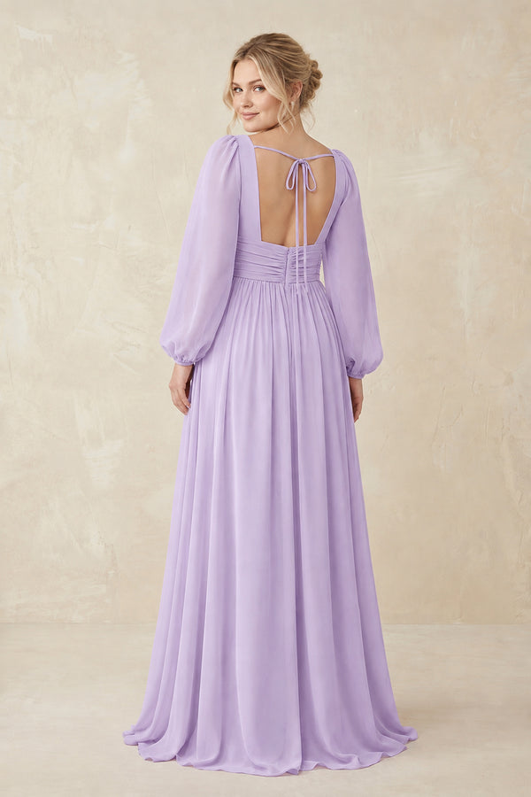 V-Neck Long Sleeve A-Line Chiffon Bridesmaid Dress in Lavender [sizeplus] | KISSBRIDAL