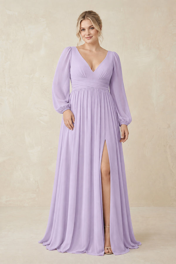 V-Neck Long Sleeve A-Line Chiffon Bridesmaid Dress in Lavender [sizeplus] | KISSBRIDAL