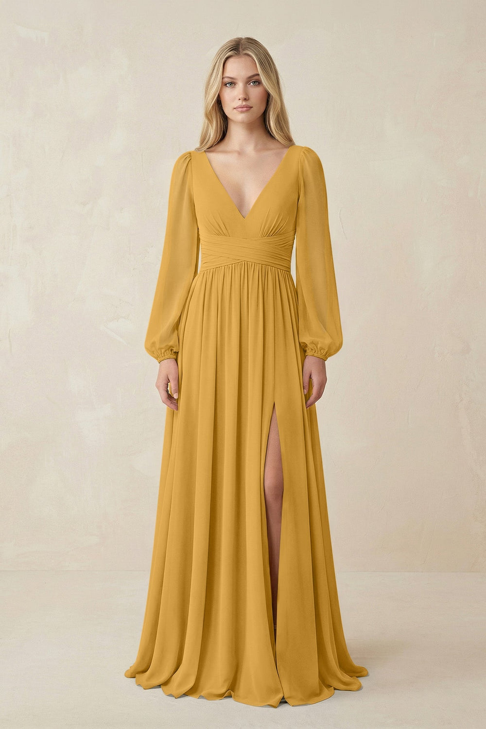 V-Neck Long Sleeve A-Line Chiffon Bridesmaid Dress in Marigold - KISS BRIDAL BRIDESMAID DRESSES