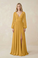 V-Neck Long Sleeve A-Line Chiffon Bridesmaid Dress in Marigold - SHE IS ME BRIDESMAID DRESSES
