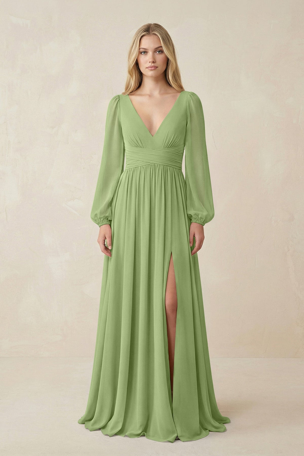 V-Neck Long Sleeve A-Line Chiffon Bridesmaid Dress in Matcha - KISS BRIDAL BRIDESMAID DRESSES