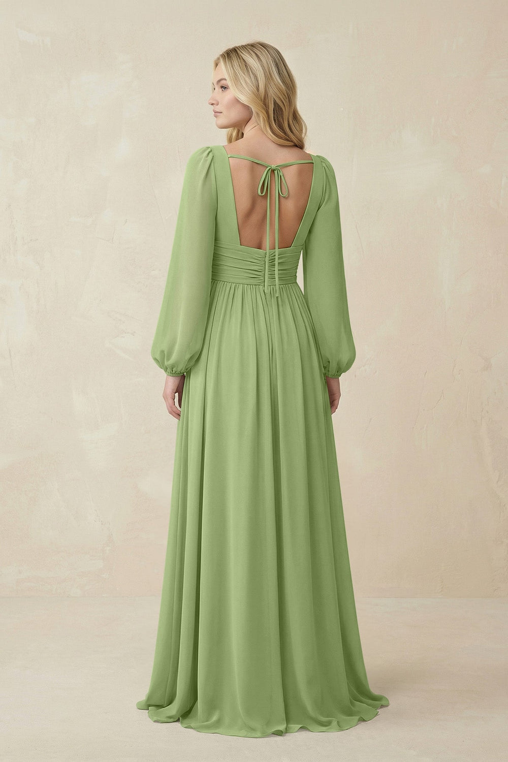 V-Neck Long Sleeve A-Line Chiffon Bridesmaid Dress in Matcha - KISS BRIDAL BRIDESMAID DRESSES