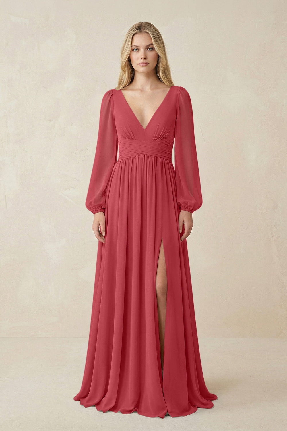 V-Neck Long Sleeve A-Line Chiffon Bridesmaid Dress in Merlot - KISS BRIDAL BRIDESMAID DRESSES