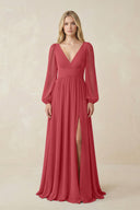 V-Neck Long Sleeve A-Line Chiffon Bridesmaid Dress in Merlot - SHE IS ME BRIDESMAID DRESSES