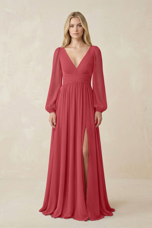 V-Neck Long Sleeve A-Line Chiffon Bridesmaid Dress in Merlot - SHE IS ME BRIDESMAID DRESSES