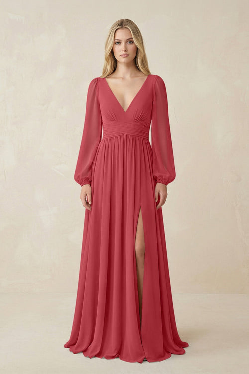 V-Neck Long Sleeve A-Line Chiffon Bridesmaid Dress in Merlot - SHE IS ME BRIDESMAID DRESSES
