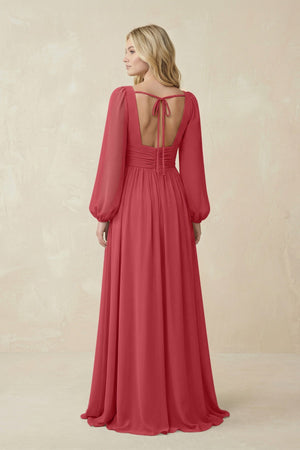 V-Neck Long Sleeve A-Line Chiffon Bridesmaid Dress in Merlot - SHE IS ME BRIDESMAID DRESSES
