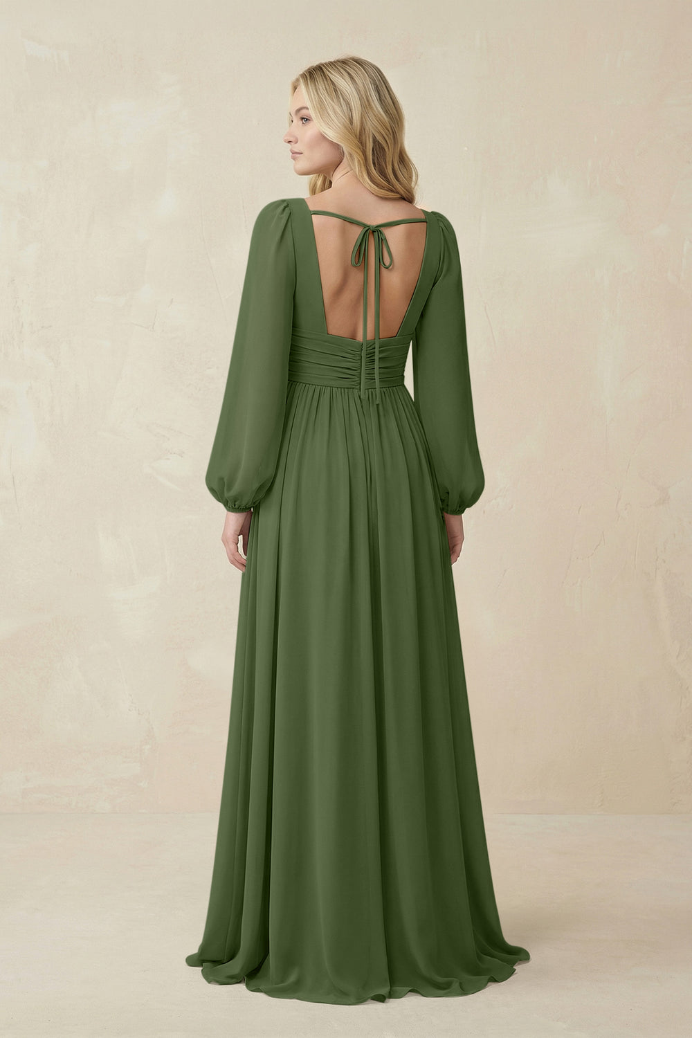 V-Neck Long Sleeve A-Line Chiffon Bridesmaid Dress in Moss
