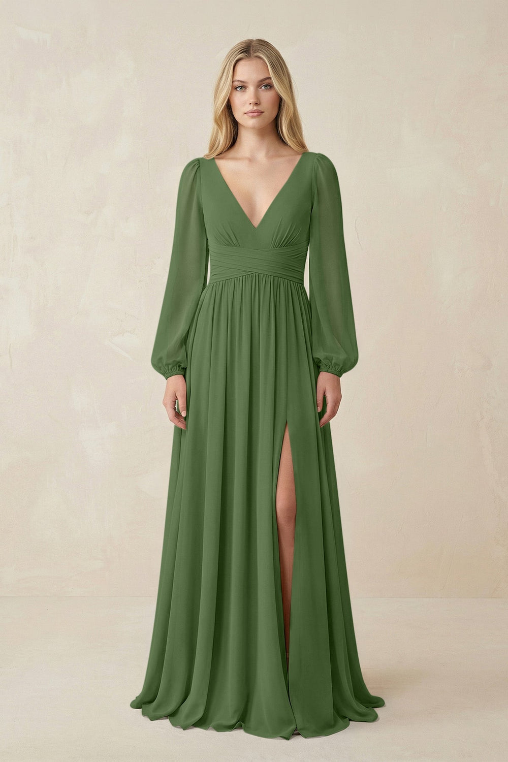 V-Neck Long Sleeve A-Line Chiffon Bridesmaid Dress in Moss - KISS BRIDAL BRIDESMAID DRESSES