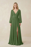 V-Neck Long Sleeve A-Line Chiffon Bridesmaid Dress in Moss - SHE IS ME BRIDESMAID DRESSES