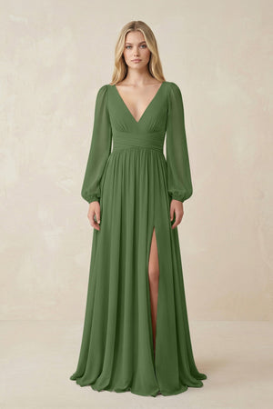 V-Neck Long Sleeve A-Line Chiffon Bridesmaid Dress in Moss - SHE IS ME BRIDESMAID DRESSES