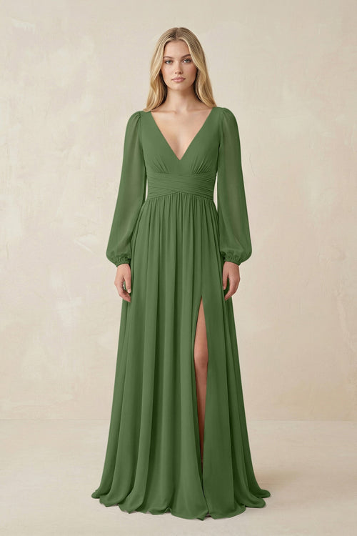 V-Neck Long Sleeve A-Line Chiffon Bridesmaid Dress in Moss - SHE IS ME BRIDESMAID DRESSES