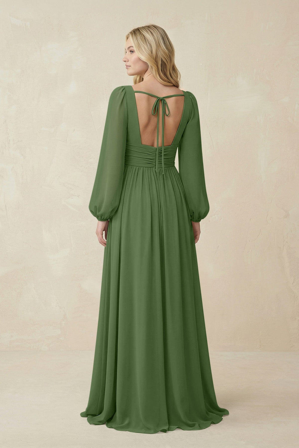 V-Neck Long Sleeve A-Line Chiffon Bridesmaid Dress in Moss - KISS BRIDAL BRIDESMAID DRESSES