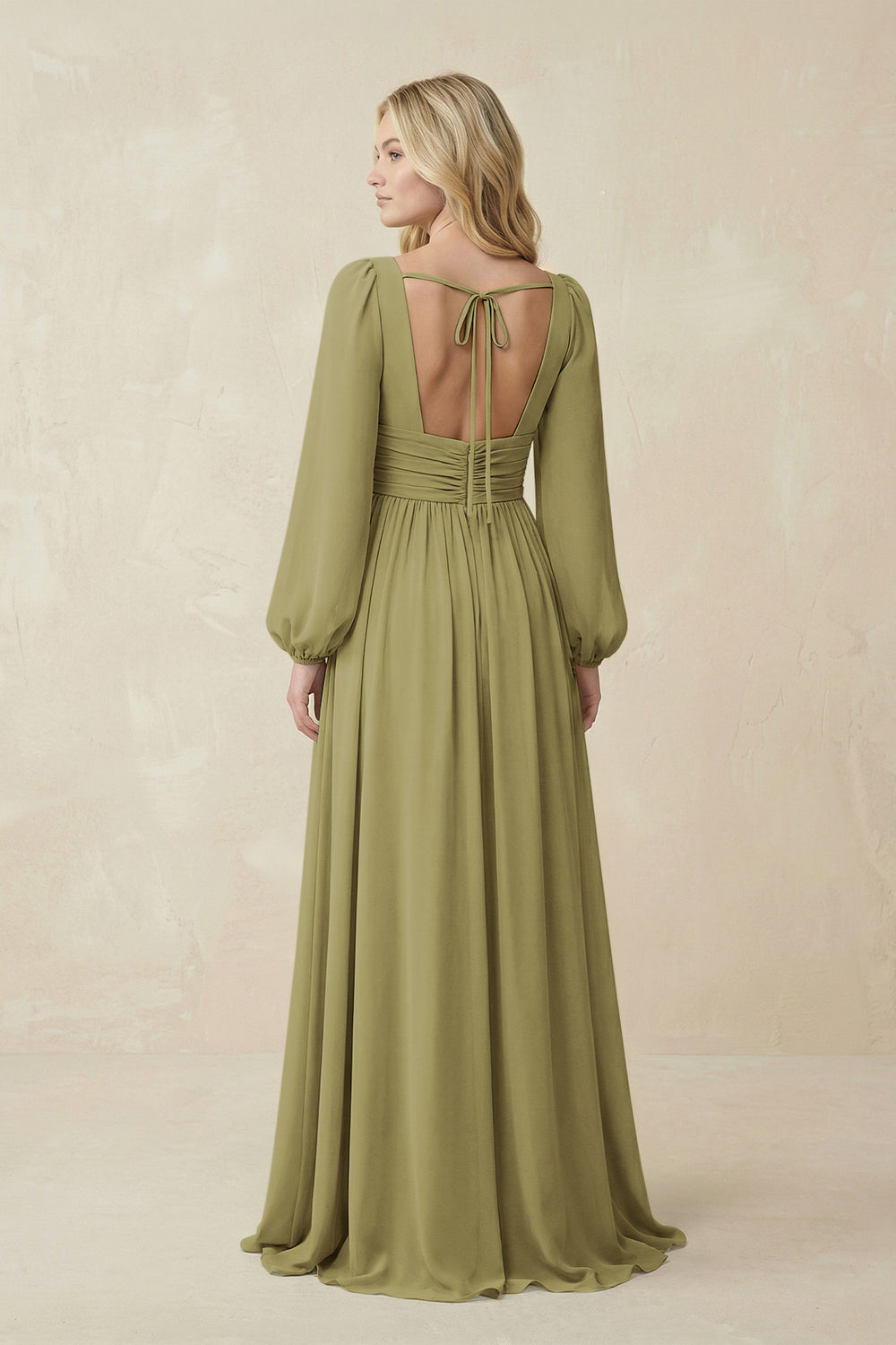 V-Neck Long Sleeve A-Line Chiffon Bridesmaid Dress in Moss Green