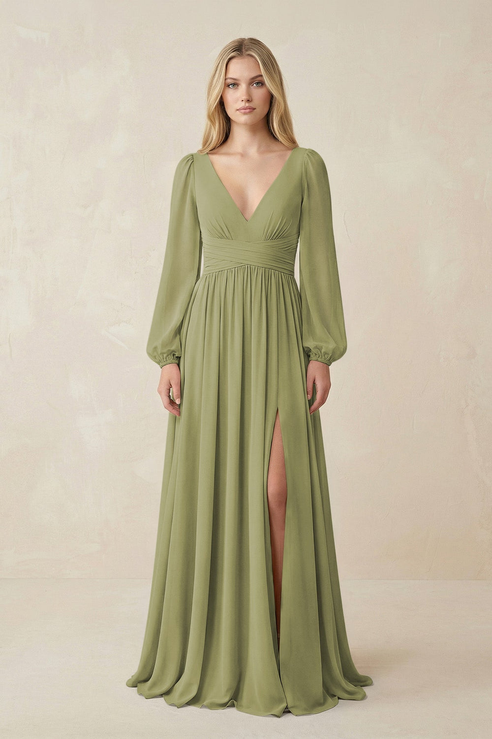 V-Neck Long Sleeve A-Line Chiffon Bridesmaid Dress in Moss Green - KISS BRIDAL BRIDESMAID DRESSES