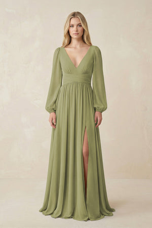 V-Neck Long Sleeve A-Line Chiffon Bridesmaid Dress in Moss Green - SHE IS ME BRIDESMAID DRESSES