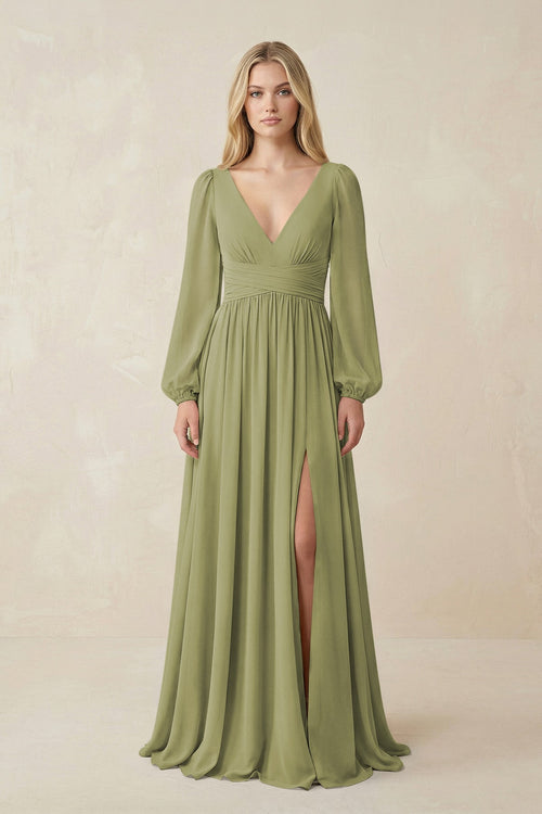 V-Neck Long Sleeve A-Line Chiffon Bridesmaid Dress in Moss Green - SHE IS ME BRIDESMAID DRESSES