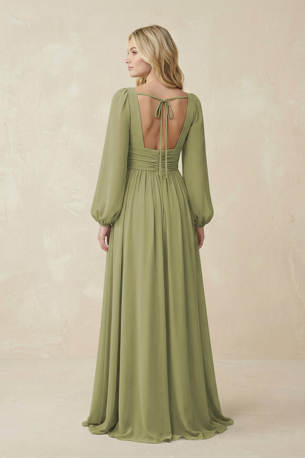 V-Neck Long Sleeve A-Line Chiffon Bridesmaid Dress in Moss Green - KISS BRIDAL BRIDESMAID DRESSES