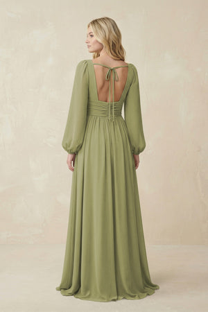V-Neck Long Sleeve A-Line Chiffon Bridesmaid Dress in Moss Green - SHE IS ME BRIDESMAID DRESSES