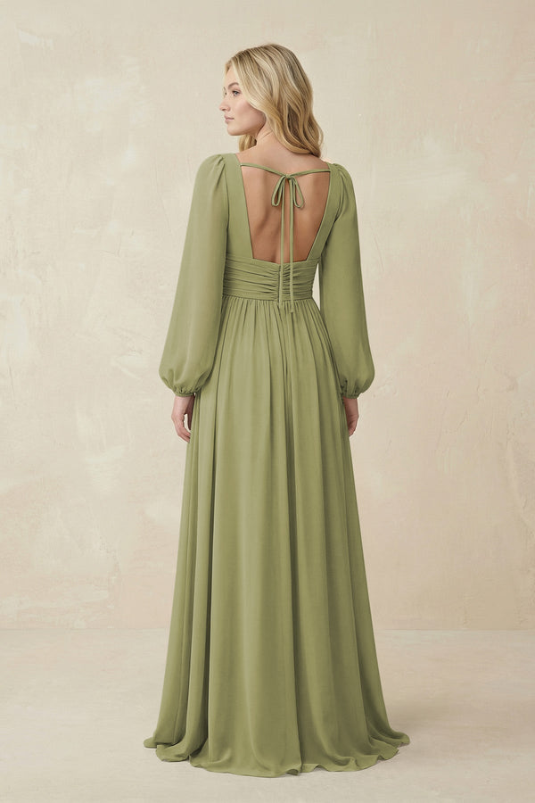 V-Neck Long Sleeve A-Line Chiffon Bridesmaid Dress in Moss Green - SHE IS ME BRIDESMAID DRESSES