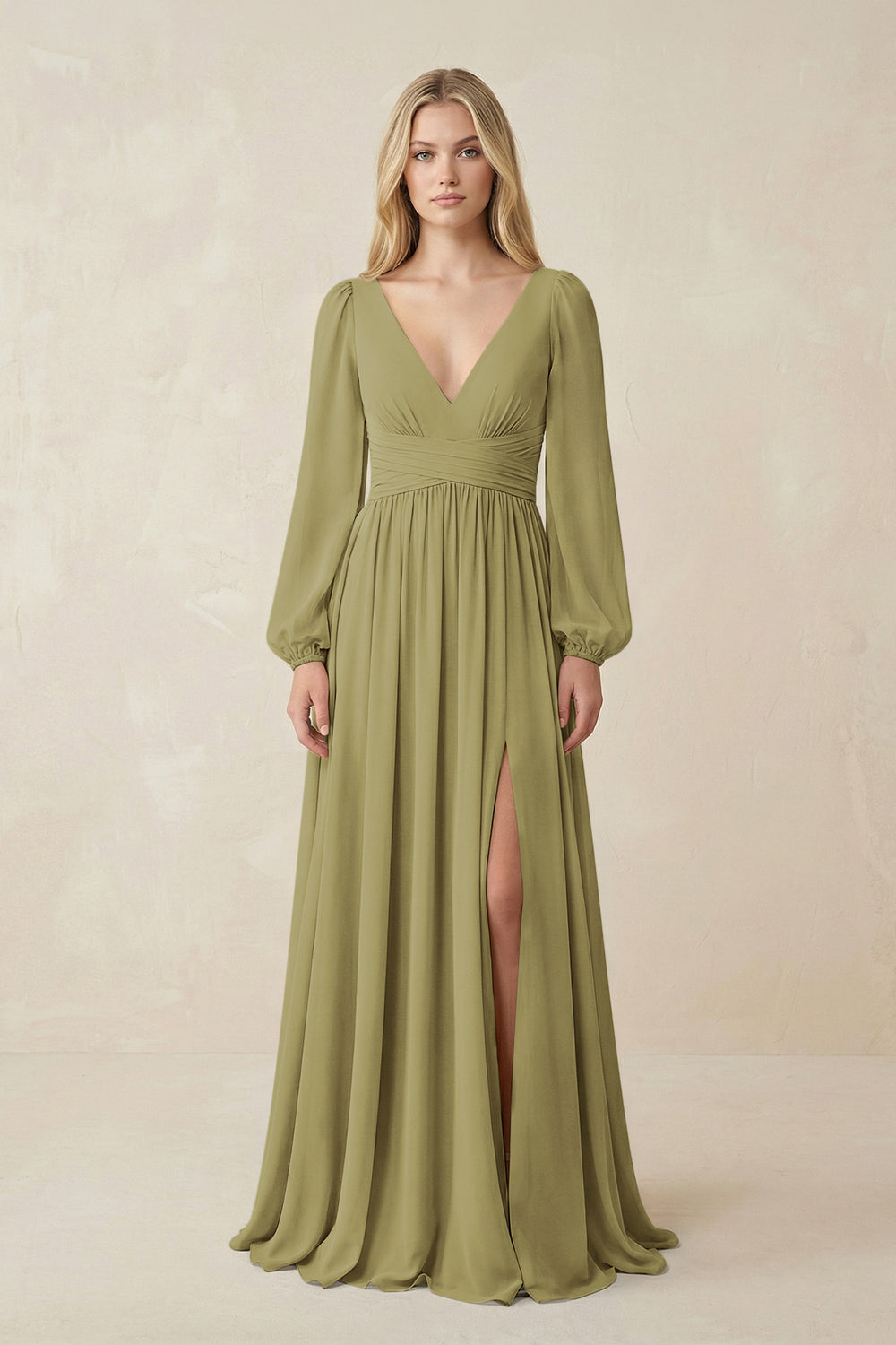 V-Neck Long Sleeve A-Line Chiffon Bridesmaid Dress in Moss Green