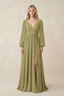 V-Neck Long Sleeve A-Line Chiffon Bridesmaid Dress in Moss Green | KISSBRIDAL
