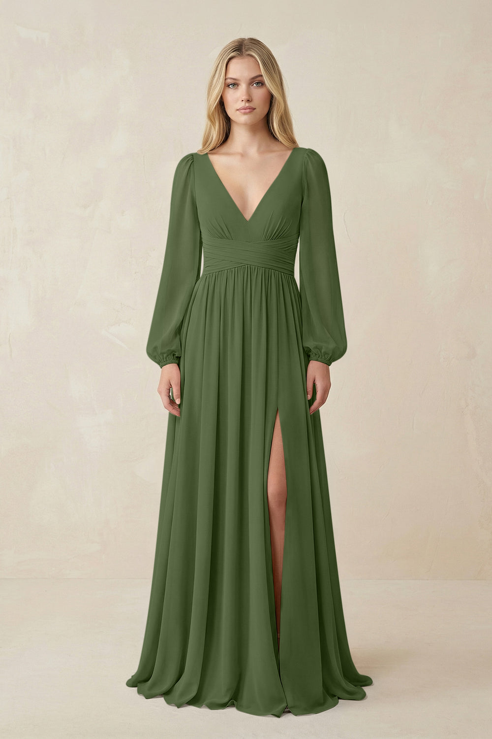 V-Neck Long Sleeve A-Line Chiffon Bridesmaid Dress in Moss