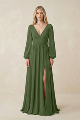 V-Neck Long Sleeve A-Line Chiffon Bridesmaid Dress in Moss | KISSBRIDAL
