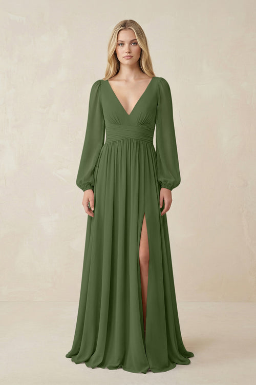 V-Neck Long Sleeve A-Line Chiffon Bridesmaid Dress in Moss | KISSBRIDAL