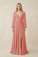 V-Neck Long Sleeve A-Line Chiffon Bridesmaid Dress in Mulberry - SHE IS ME BRIDESMAID DRESSES