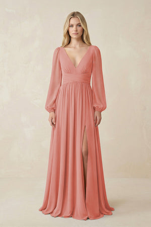 V-Neck Long Sleeve A-Line Chiffon Bridesmaid Dress in Mulberry - SHE IS ME BRIDESMAID DRESSES
