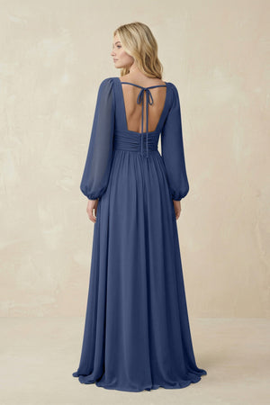 V-Neck Long Sleeve A-Line Chiffon Bridesmaid Dress in Navy - SHE IS ME BRIDESMAID DRESSES