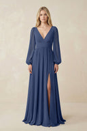 V-Neck Long Sleeve A-Line Chiffon Bridesmaid Dress in Navy - SHE IS ME BRIDESMAID DRESSES