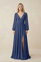 V-Neck Long Sleeve A-Line Chiffon Bridesmaid Dress in Navy - KISS BRIDAL BRIDESMAID DRESSES