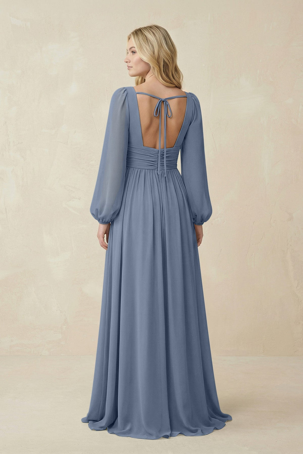 V-Neck Long Sleeve A-Line Chiffon Bridesmaid Dress in Neptune - KISS BRIDAL BRIDESMAID DRESSES