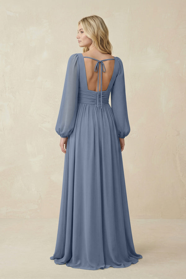 V-Neck Long Sleeve A-Line Chiffon Bridesmaid Dress in Neptune - SHE IS ME BRIDESMAID DRESSES