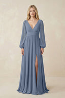 V-Neck Long Sleeve A-Line Chiffon Bridesmaid Dress in Neptune - SHE IS ME BRIDESMAID DRESSES