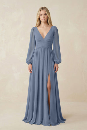 V-Neck Long Sleeve A-Line Chiffon Bridesmaid Dress in Neptune - SHE IS ME BRIDESMAID DRESSES