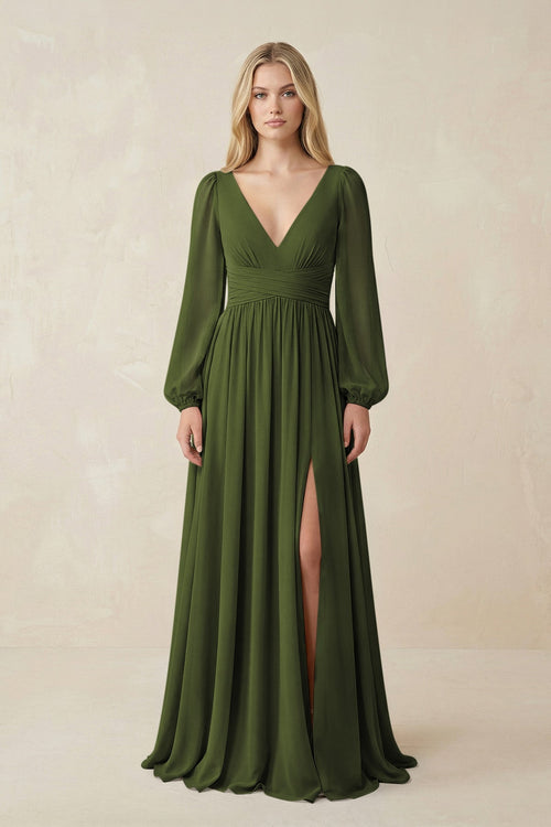 V-Neck Long Sleeve A-Line Chiffon Bridesmaid Dress in Olive - SHE IS ME BRIDESMAID DRESSES